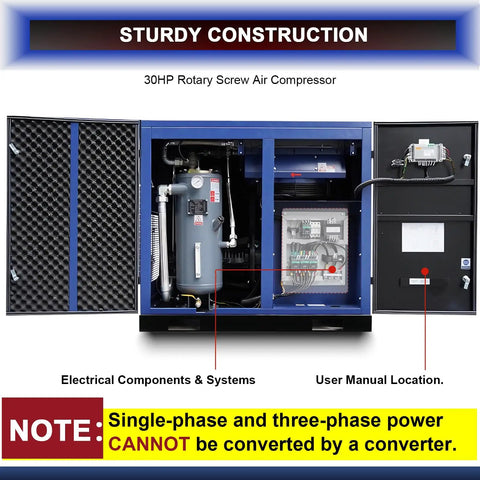 30HP Rotary Screw Air Compressor Pump 123 CFM At 125 PSI 460V Three Phase Industrial System With Low Noise Design For Continuous Duty Factory Workshop Use And Production Line Heavy Equipment Operations