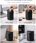 Tiny Matte Black Desktop Trash Can With Lid For Office Desk And Vanity 1.5 Liter Countertop Waste Bin in various settings