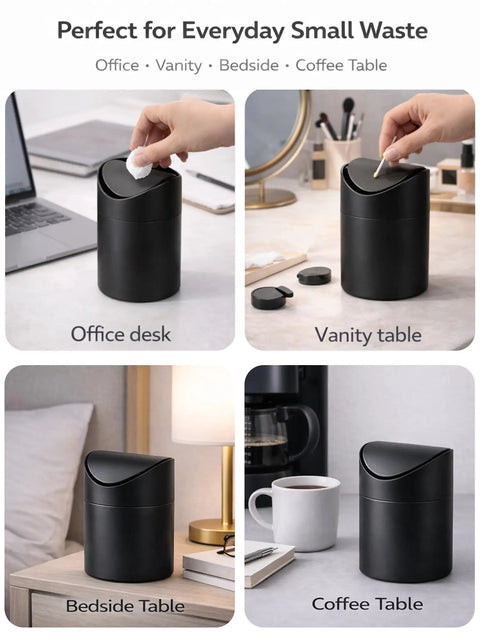 Tiny Matte Black Desktop Trash Can With Lid For Office Desk And Vanity 1.5 Liter Countertop Waste Bin in various settings