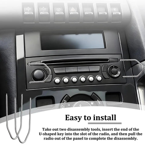 2 Piece Car Radio Removal Tool Set With V Shaped Pry Tools For Vehicle Stereo Disassembly in use on car dashboard