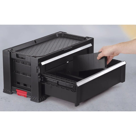 Unfitted Black Tool Chest With 22.1 By 11 By 10.3 Inches Dimensions, open drawer, durable molded plastic, compatible with Keter systems