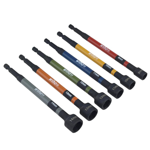 Magnetic Nut Setter Set Six Piece Metric Color Coded For Quick Size Identification On A One Quarter Inch Hex Drive With Seven Hundred Inch Pounds Impact Rating A True Workhorse For Heavy Duty Automotive And Mechanical Fastening displayed in a fan layout.