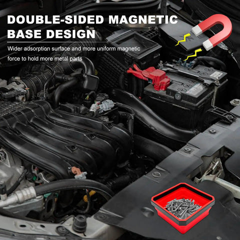 Collapsible Magnetic Parts Tray With Dual Sided Magnetic Base 4.5 Inch Square Metal Organizer in use during car repair