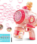 Cute Pink Bear Automatic Bubble Gun For Girls Ages 3 4 5 6 7 8 With Music And Mover Maker Blower Machine creating bubbles.