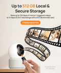 Person inserting microSD card into 4K UHD Indoor Security Camera For Pets And Baby with film reel displaying footage shots.