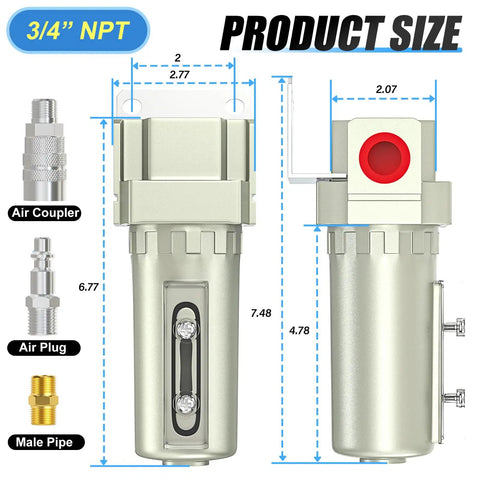 Top Shelf Three Quarter Inch Npt Industrial Air Desiccant Dryer Featuring Rapid Moisture Extraction Core showing product dimensions.