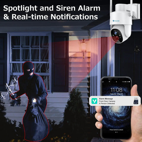 Wireless Outdoor Security Camera With Pan Tilt And Battery Power 2.4G WiFi PIR Motion Detection And Two Way Talk Color Night Vision 9000mAh Battery For Easy No Wires Setup Solar Panel Ready showing alert on phone during night incident