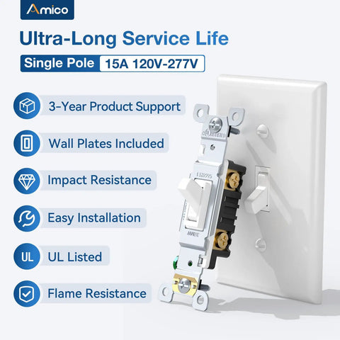 30 Pack UL Listed Toggle Light Switches With White Finish, Modern Classic Toggle Design For Any Room, Perfect For Living Rooms, Bedrooms, Kitchens And Hallways, Prevents Accidental Switching With Deliberate Pressure. Single-pole 15A white toggle switch with wall plate