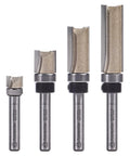 Knockout 4 Pc Top Bearing Flush Trim Router Bit Set With Quarter Inch Shank Premium Solid Carbide Blades showing four sizes for smooth trimming.