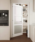 Slab Doors 28 By 80 Inch 3 Lite Tempered Frosted Glass Interior Door MDF French Style With PVC Surface Water Resistant White No Fuss Install Without Hardware Kit And Frame installed in kitchen interior