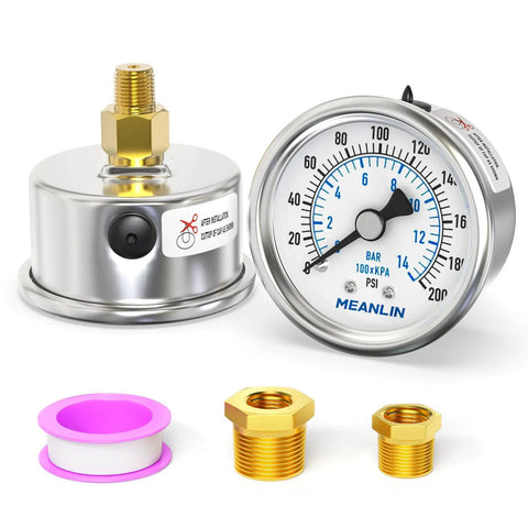 Stainless Steel Dry Pressure Gauge 0-200 Psi, 2 Inch Dial, Center Back Mount, with 1/8 NPT, 1/4 NPT, and 3/8 NPT Hex Bushing