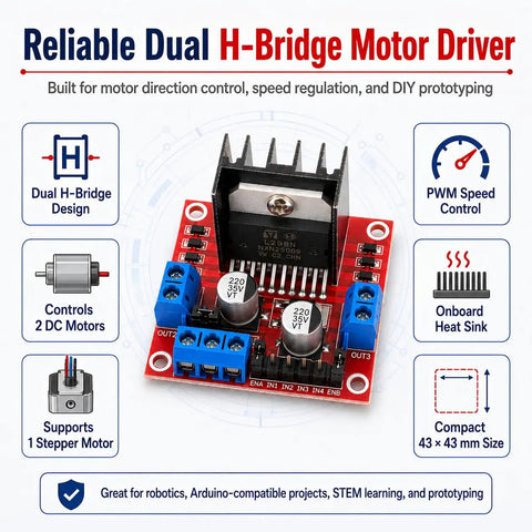 4 Pack Dual H Bridge DC Motor Driver Module For Arduino Uno R3 Mega 2560 Raspberry Pi And DIY Robots Drives Two DC Motors Or One Stepper Perfect For Smart Car Kits And Robotic Projects. red PCB motor driver board with heatsink, 43 x 43 mm