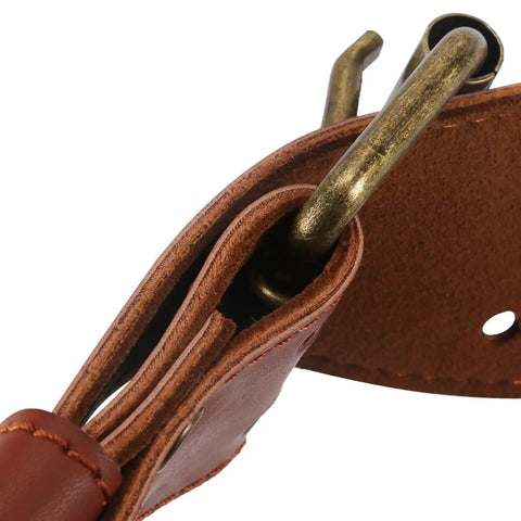 Close-up of Adjustable Tool Belt With Hammer Hatchet Holder And Drill Holster For Tape Measure Heavy Duty Waist Belt showing leather loop.