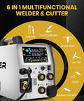 Six In One MIG Welder And Plasma Cutter 160A Gas MIG Flux Core Lift TIG Stick Cutter With Dual Voltage 110V 220V display