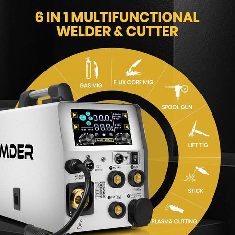 Six In One MIG Welder And Plasma Cutter 160A Gas MIG Flux Core Lift TIG Stick Cutter With Dual Voltage 110V 220V display