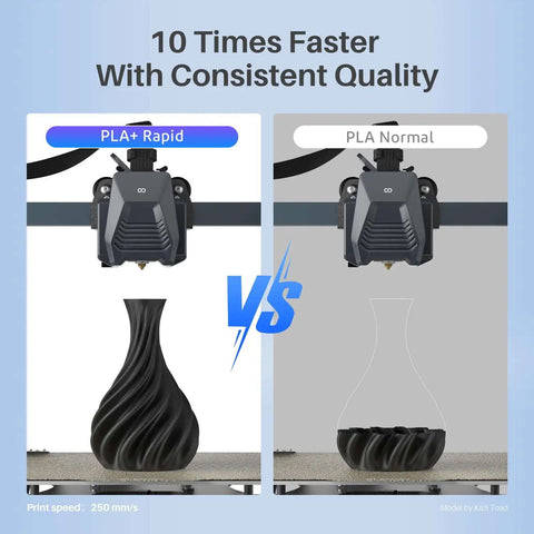 Comparison of 3D print quality using PLA+ Rapid vs PLA Normal, demonstrating speed and quality differences in filament performance.