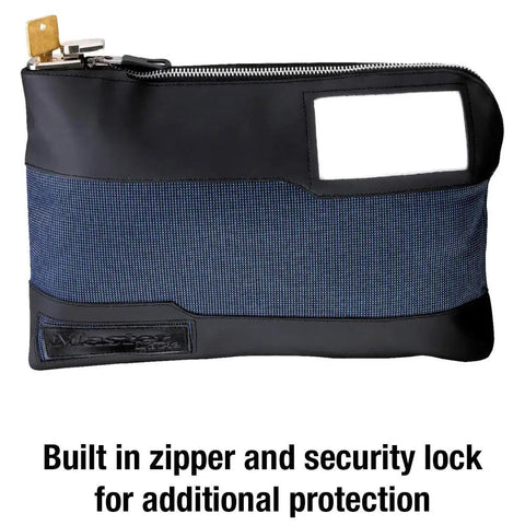 Close-up of a blue money bag with key lock and zipper, 11.5-inch water-resistant nylon for cash valuables and travel items.