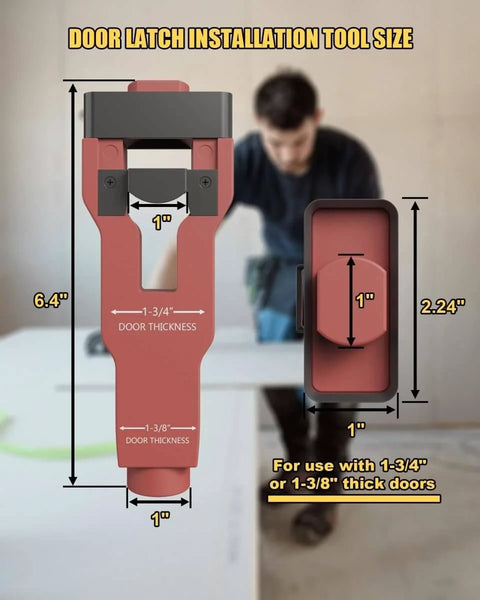 Pro Grade Door Latch Mortise Tool Kit For One Three Eighths And One Three Quarters Inch Wooden Doors, showing tool size and dimensions for door thickness
