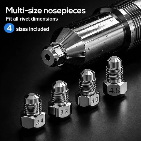 Cordless Rivet Gun Adapter Kit Converts Any Drill Into A Heavy Duty Riveting Tool with four size nosepieces on display