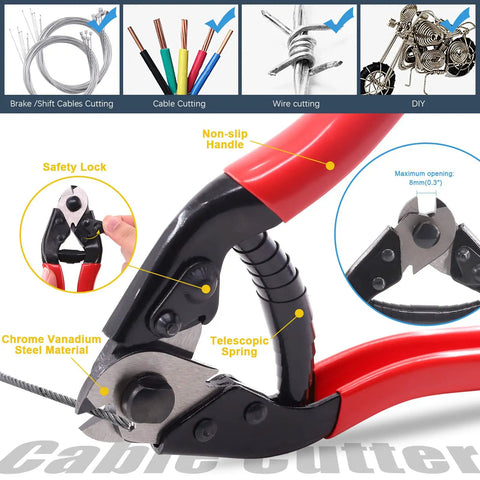 All In One Bike Brake Cable Housing Kit With 73 Pieces Including Brake Cables Noodles Cable Guides Hose Shifter Cables And Cable Cutter For Road And Mountain Bikes Pro Grade Cycling Maintenance Set showing cable cutter details