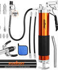 Horusdy 18-piece grease gun kit, 8000 PSI, orange gun with hoses and assorted nozzles.
