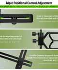 Diagram showing triple positional control adjustment for Deluxe Metal Telescope Mount All In One Phone And Camera Universal Adapter.
