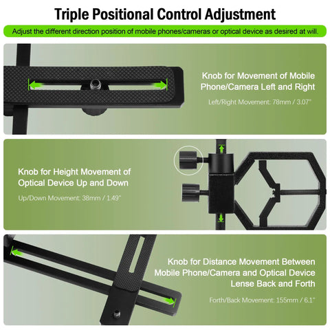 Diagram showing triple positional control adjustment for Deluxe Metal Telescope Mount All In One Phone And Camera Universal Adapter.