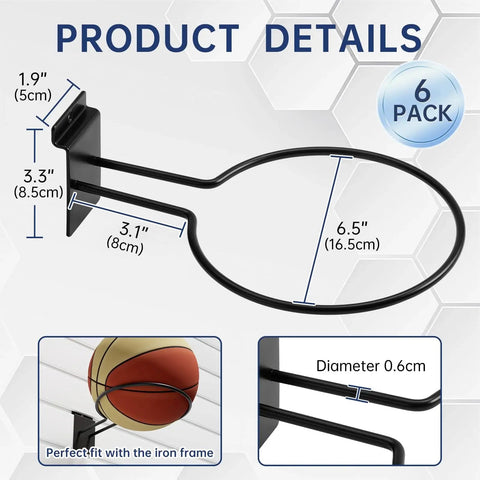Six Pack Slatwall Ball Holder Steel Ball Rack For Basketball Football Soccer Volleyball Storage, heavy-duty, rust-resistant, dimensions shown