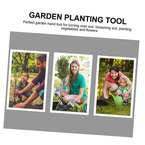 Collage of people gardening with a stainless steel garden hoe for weeding and planting, ideal for small yards and home gardens.
