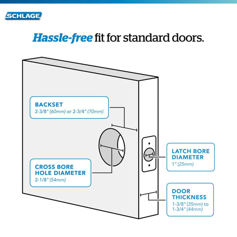 Diagram showing dimensions for Accent Door Lever With Keyed Entry Lock In Matte Black Easy Install on standard door.