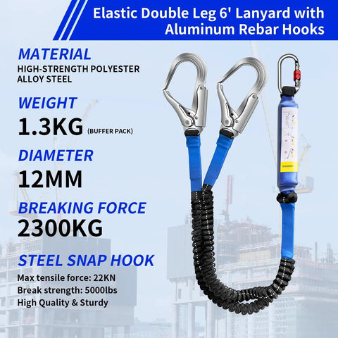 6ft Internal Shock Absorbing Lanyard With Double Snap Hook Connectors For Fall Protection Equipment displayed with specs
