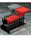 18 Piece SAE And Metric T Handle Ball End Hex Key Set with long reach handles in a black storage rack