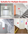 Two Pack Aluminum Red Exit Signs for Doors and Walls, High Visibility Reflective Safety Signs in various building settings.