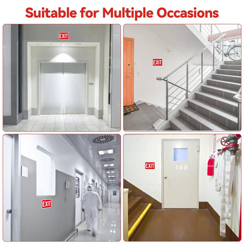 Two Pack Aluminum Red Exit Signs for Doors and Walls, High Visibility Reflective Safety Signs in various building settings.