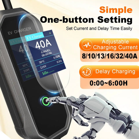 Grip And Go Portable Level 2 Ev Charger 40 Amp 23 Ft Cord Nema 14-50p Home Ev Charging Station display with adjustable settings.