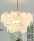 23 Inch 9 Light Gold Glass Chandelier 3 Tier Round Crystal Pendant Light Height Adjustable, featuring cloudy glass shades.