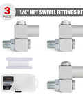 Three Piece 360 Degree Swivel Air Hose Connectors Kit With One Quarter Inch NPT Male And Female Threads Aluminum Air Fittings