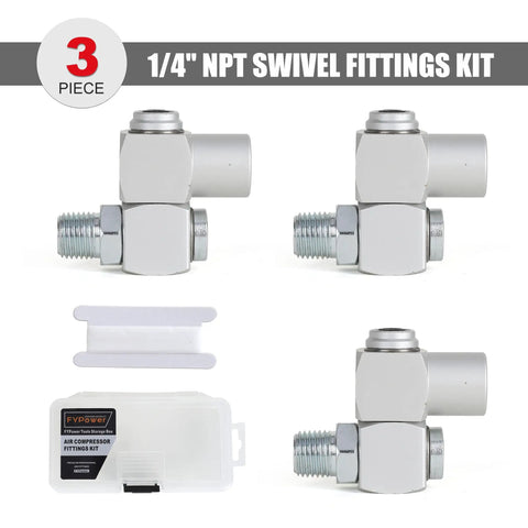Three Piece 360 Degree Swivel Air Hose Connectors Kit With One Quarter Inch NPT Male And Female Threads Aluminum Air Fittings
