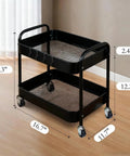 Two Tier Metal Rolling Utility Cart With Wheels For Under Desk Storage And Home Office Organization, Portable Trolley With Handle And Side Hooks