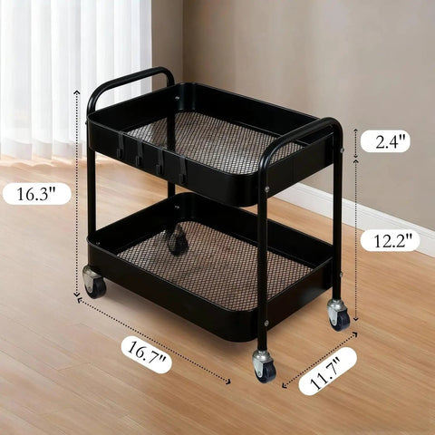 Two Tier Metal Rolling Utility Cart With Wheels For Under Desk Storage And Home Office Organization, Portable Trolley With Handle And Side Hooks