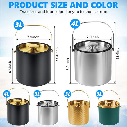 Product size and color options for Premium Ice Bucket With Secure Silicone Lid Double Wall Vacuum Insulation Locks In Chill So Your Drinks Stay Frosty And Party Ready Black Three Liter Champagne Cooler Bucket Includes Scoop And Tongs.