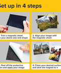 Setup guide for Self-Stick Magnetic Sheets Pack Of 10 With No Mess Adhesive showing steps to create magnets from photos.
