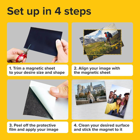 Setup guide for Self-Stick Magnetic Sheets Pack Of 10 With No Mess Adhesive showing steps to create magnets from photos.