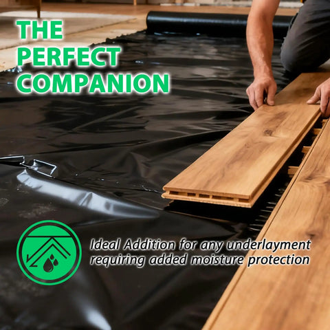 Heavy Duty Black Underlayment Roll With Adhesive Strip For Vinyl Laminate Engineered Wood Floors 6 Mil Thick 360 Square Foot Coverage laid under flooring.