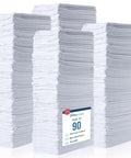 Three stacks of Cotton Shop Towels 14X12 Inches, 90 Pack Heavy Duty Reusable Cleaning Rags for auto, industrial, garage use, white.