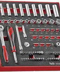 Top view of Workhorse 89 Piece 1/4 Inch Drive Socket Set with Foam Organizer includes sockets, ratchet, extensions, and adapters.