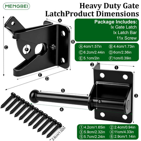 Heavy Duty Self Locking Gate Latch For Wood Fences And Garden Gates Beefy Steel Frame dimensions with screws and latch parts