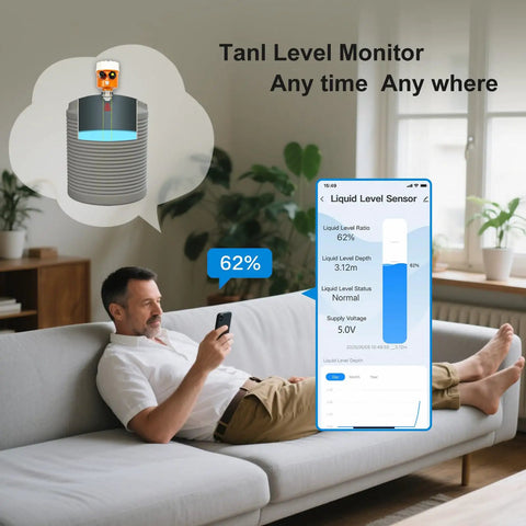 Smart WiFi Ultrasonic Water Tank Level Sensor With Tuya Smart Life App Alerts Remote Monitoring shown on smartphone app