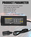 Heavy Duty AC To DC Converter 220V To 12V 15A Car Power Adapter with cigarette lighter socket and power specifications.