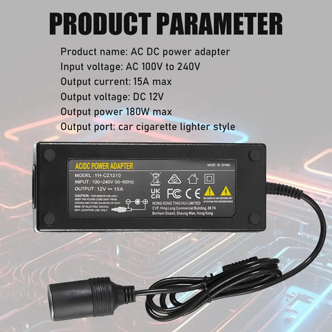 Heavy Duty AC To DC Converter 220V To 12V 15A Car Power Adapter with cigarette lighter socket and power specifications.